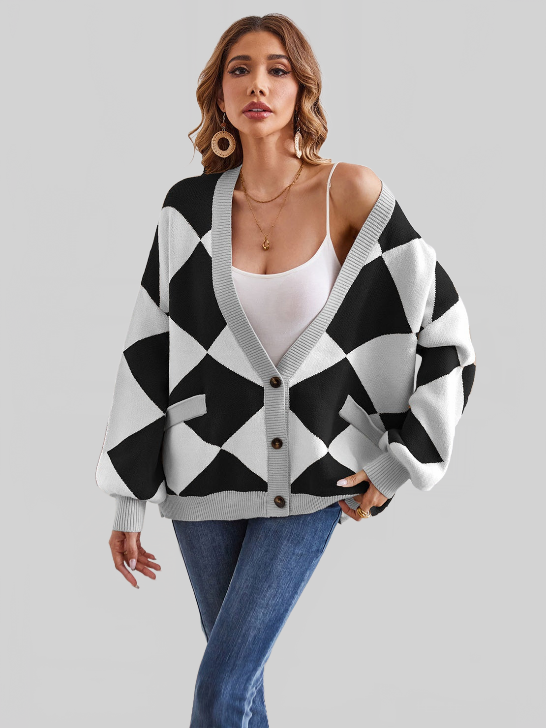 Geometric Lantern Sleeve Cardigan with Pockets NicholesGifts