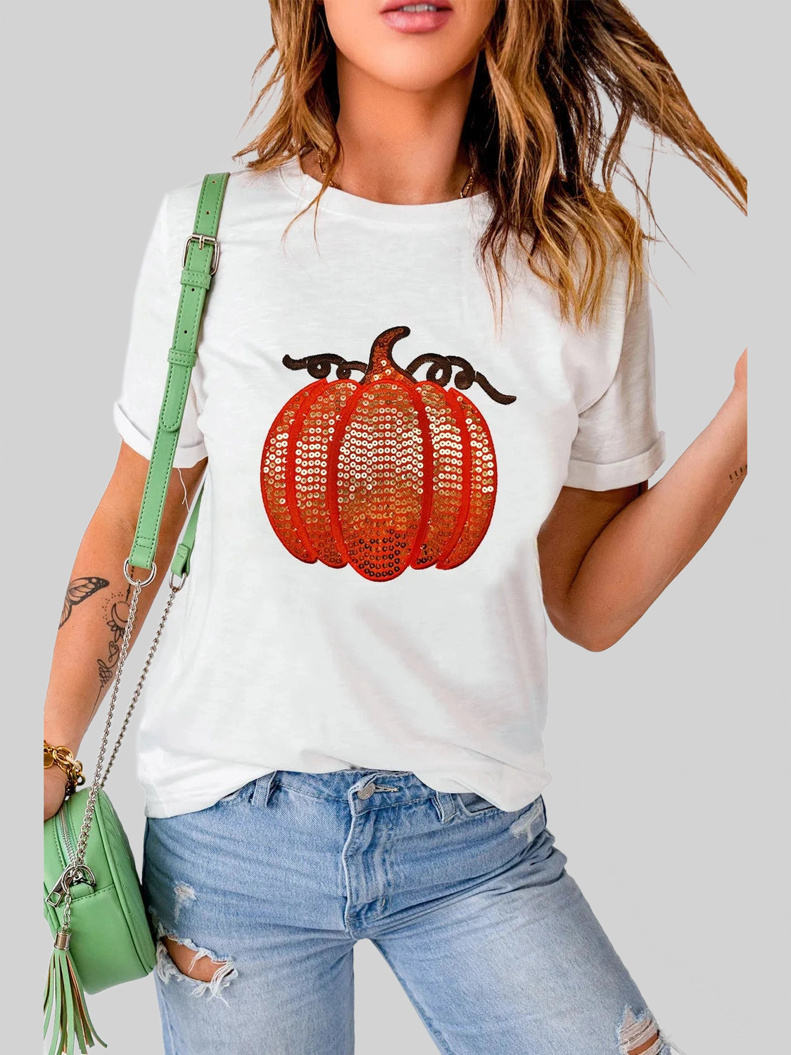Full Size Sequin Pumpkin Round Neck Short Sleeve T-Shirt nicholesgifts