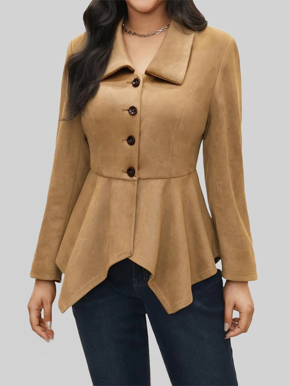 Handkerchief Hem Button Up Collared Neck Jacket nicholesgifts