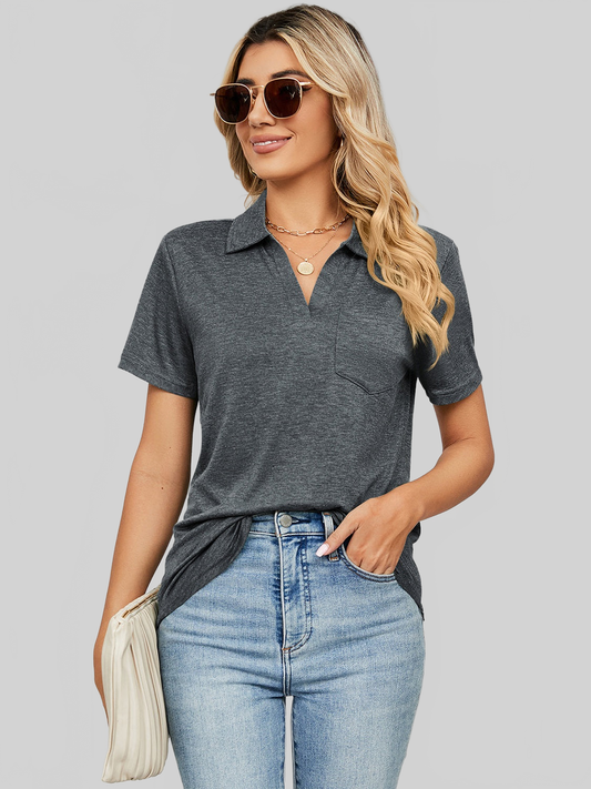 Women Johnny Collar Short Sleeve Blouse nicholesgifts