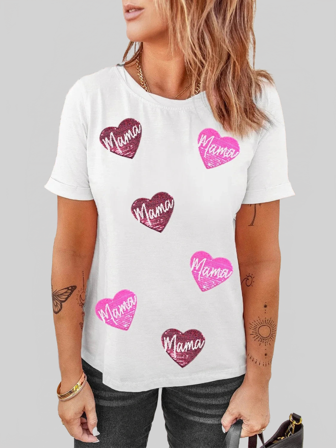 MAMA Heart Shape Sequin Patched Crew Neck T Shirt nicholesgifts