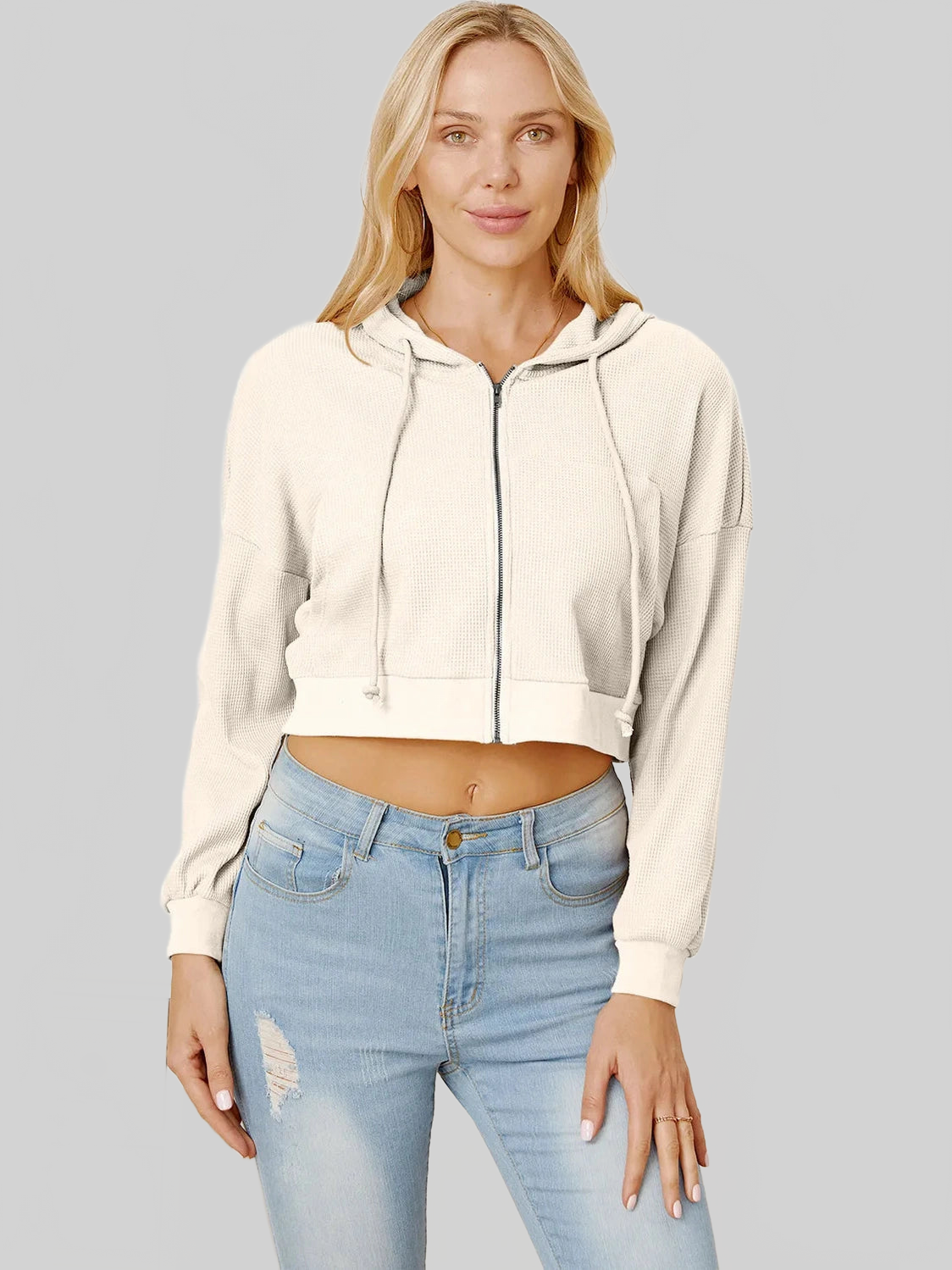 Waffle-Knit Drawstring Zip Up Hoodie NicholesGifts