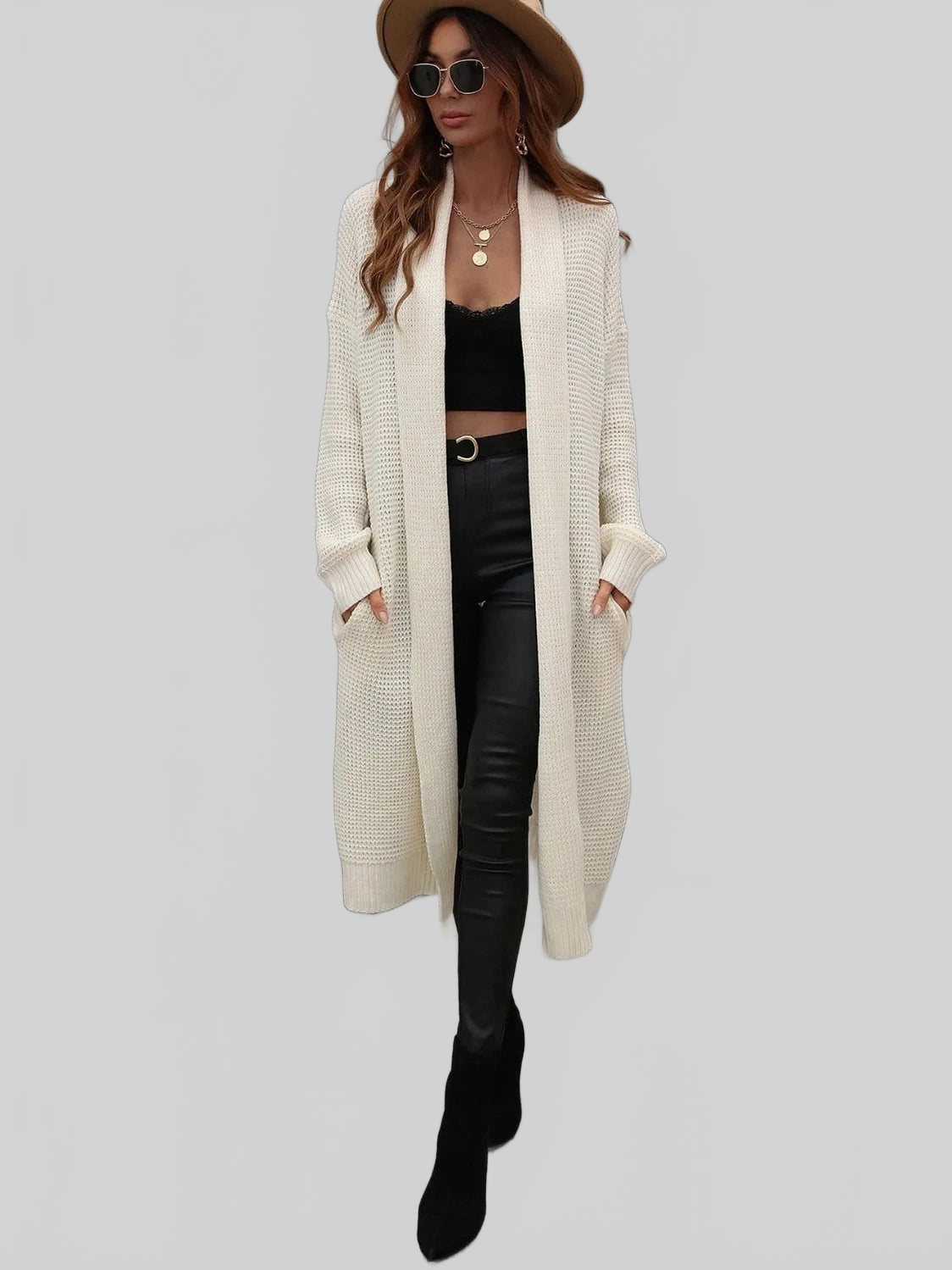 Waffle Knit Open Front Duster Cardigan With Pockets nicholesgifts