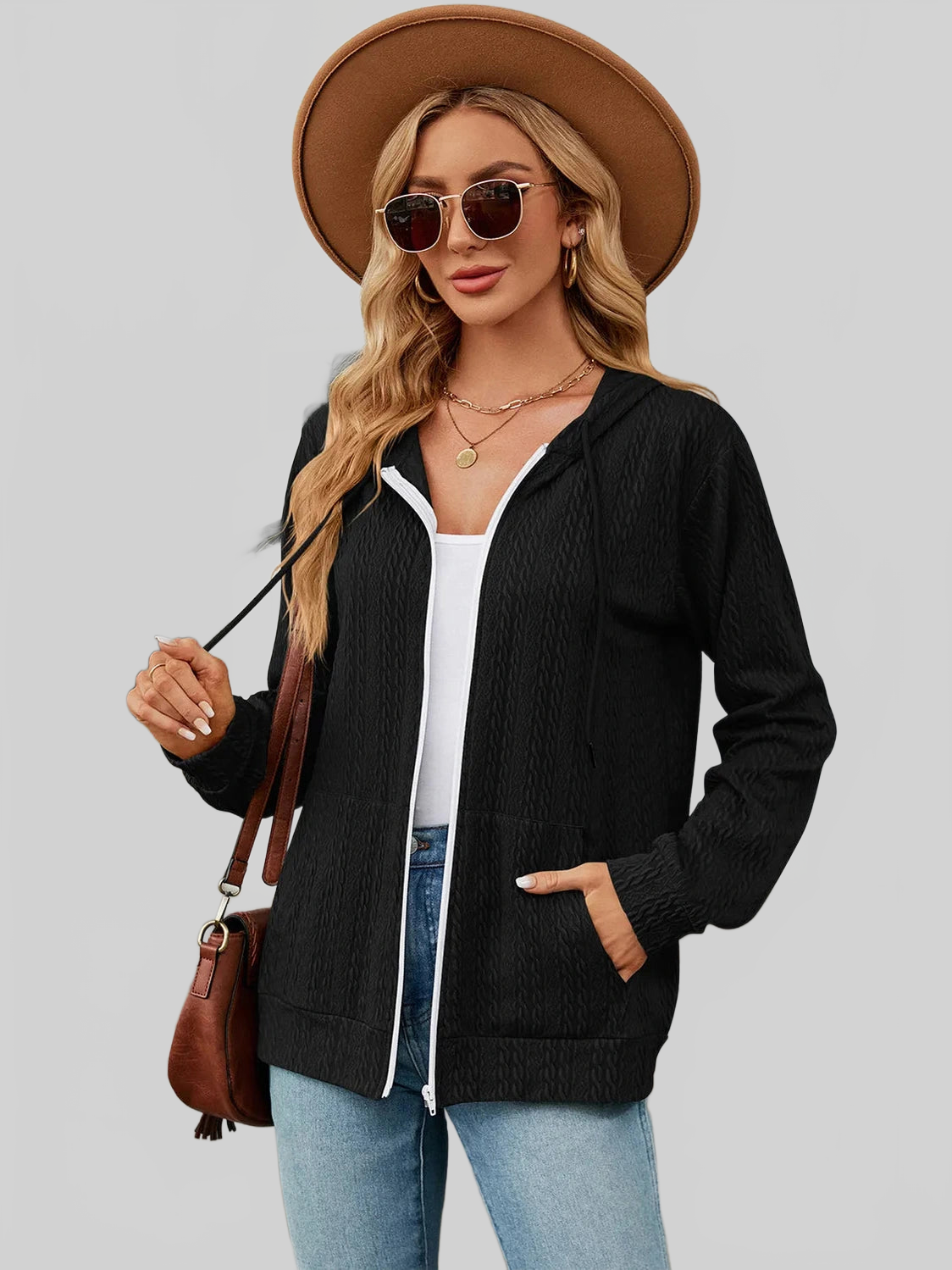 Drawstring Zip Up Long Sleeve Hoodie NicholesGifts