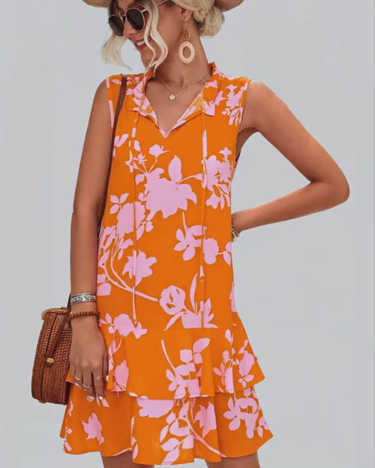 Women Printed Tie Neck Sleeveless Summer Dress