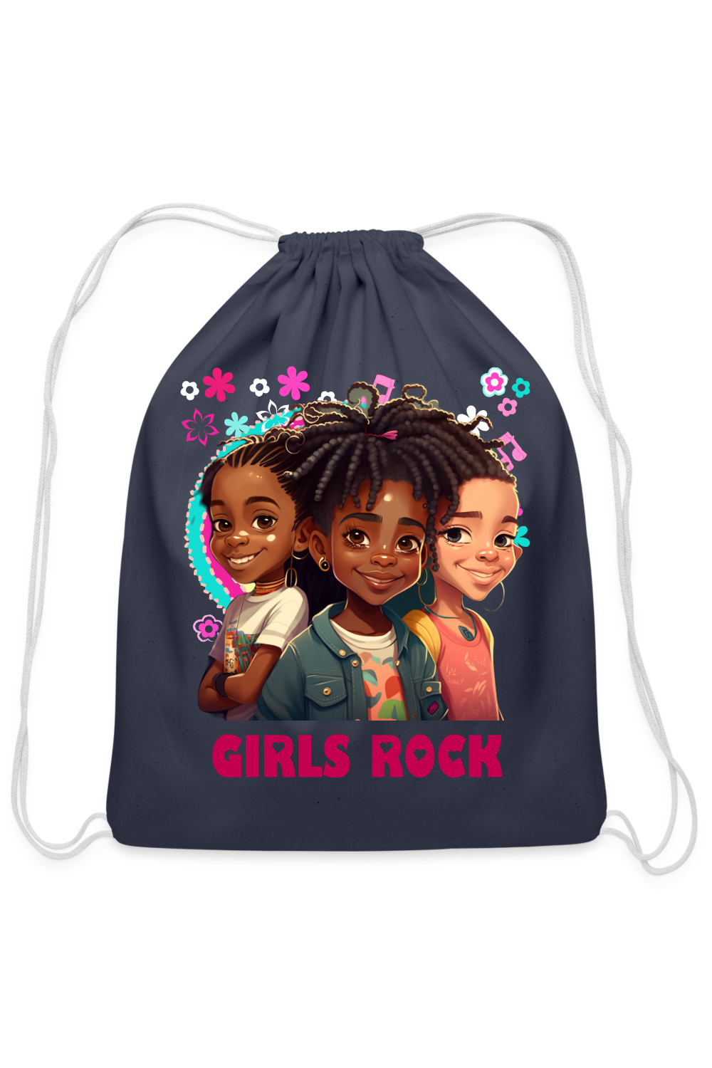African American Girls Rock Cotton Drawstring Bag - navy