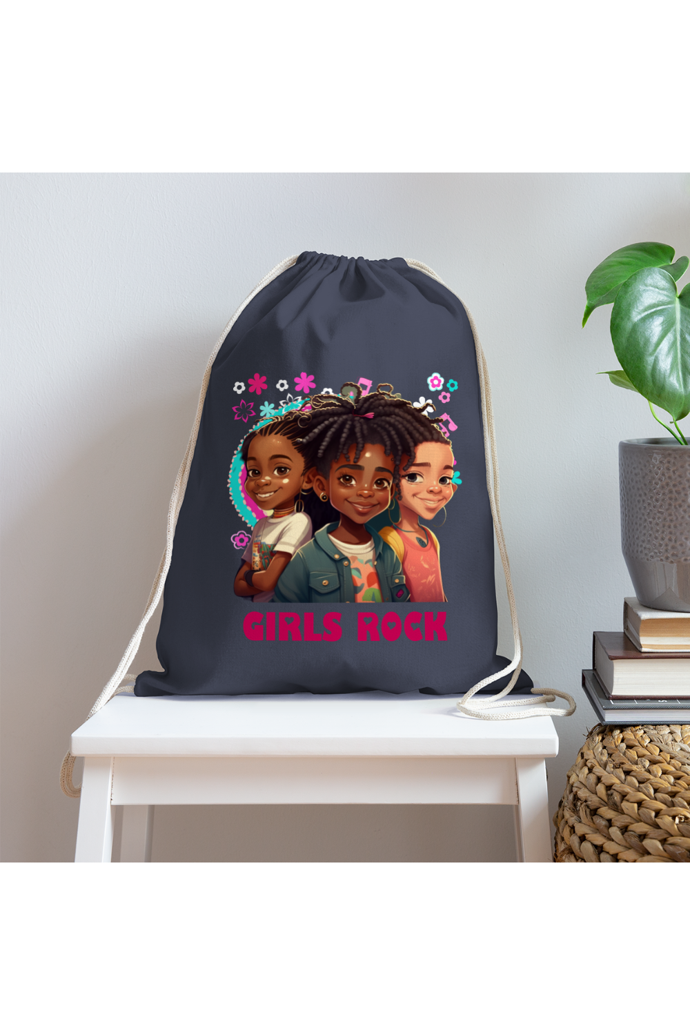 African American Girls Rock Cotton Drawstring Bag - navy