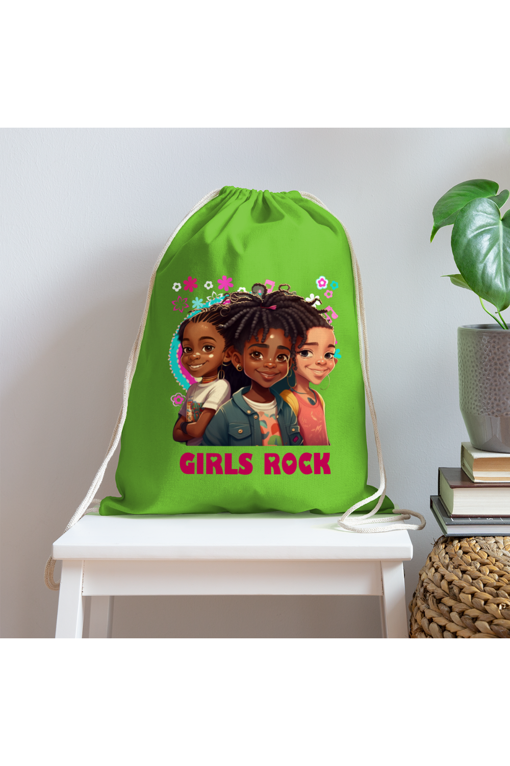 African American Girls Rock Cotton Drawstring Bag - clover - NicholesGifts.online