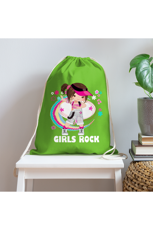Girls Brown Hair Girls Rock Cotton Drawstring Bag - clover - NicholesGifts.online