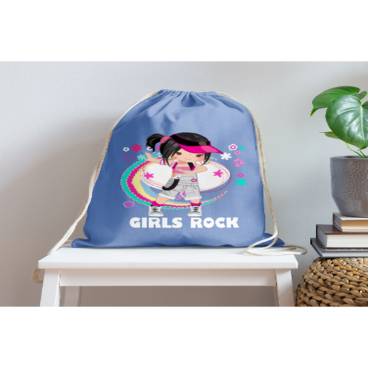 Girls Black Hair Girls Rock Cotton Drawstring Bag - carolina blue - NicholesGifts.online