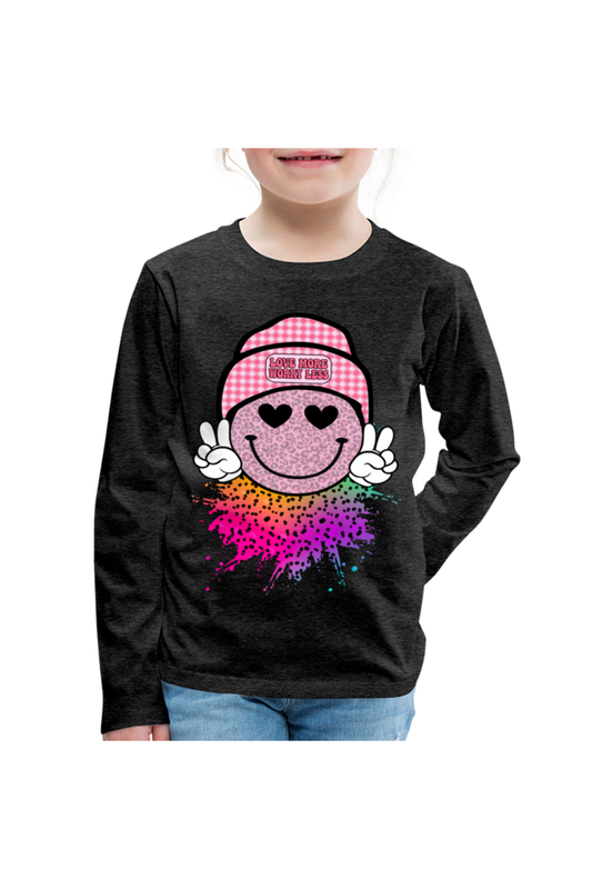 Girls Love More Worry Less Smiley Face Long Sleeve T-Shirt - charcoal grey - NicholesGifts.online