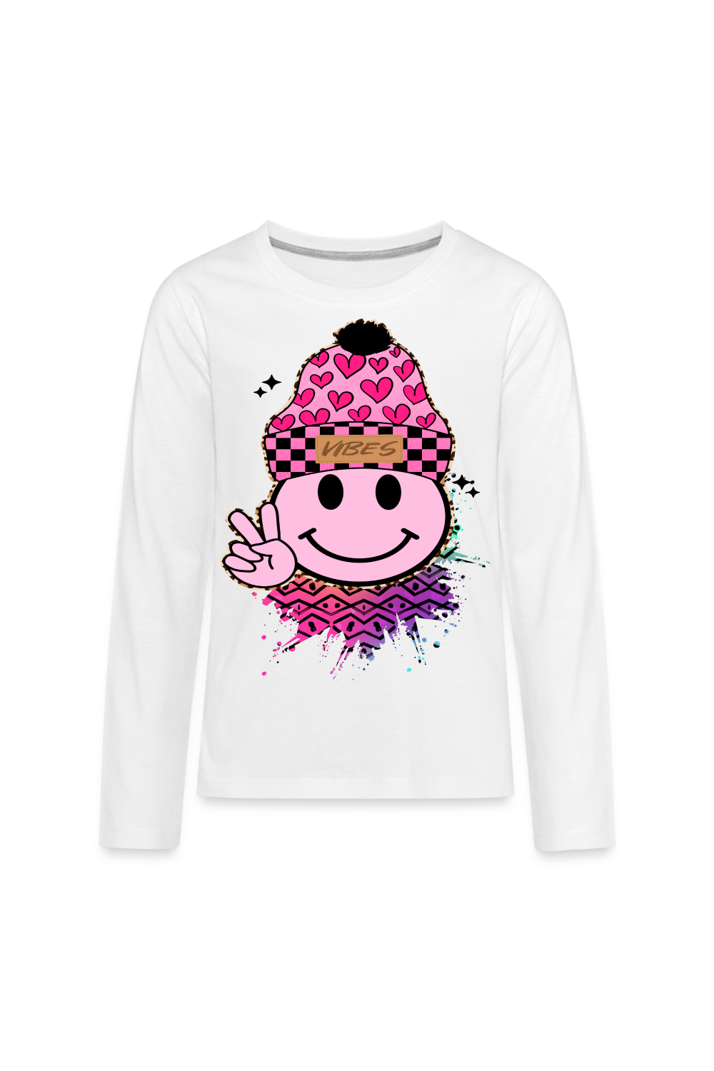 Girls Love Vibes Smiley Face Long Sleeve T-Shirt - white - NicholesGifts.online