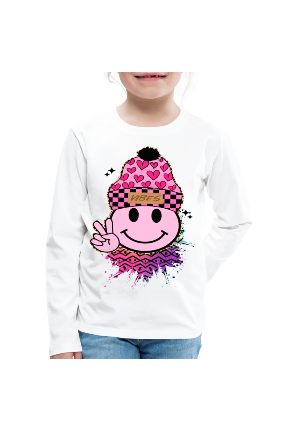 Girls Love Vibes Smiley Face Long Sleeve T-Shirt - white - NicholesGifts.online