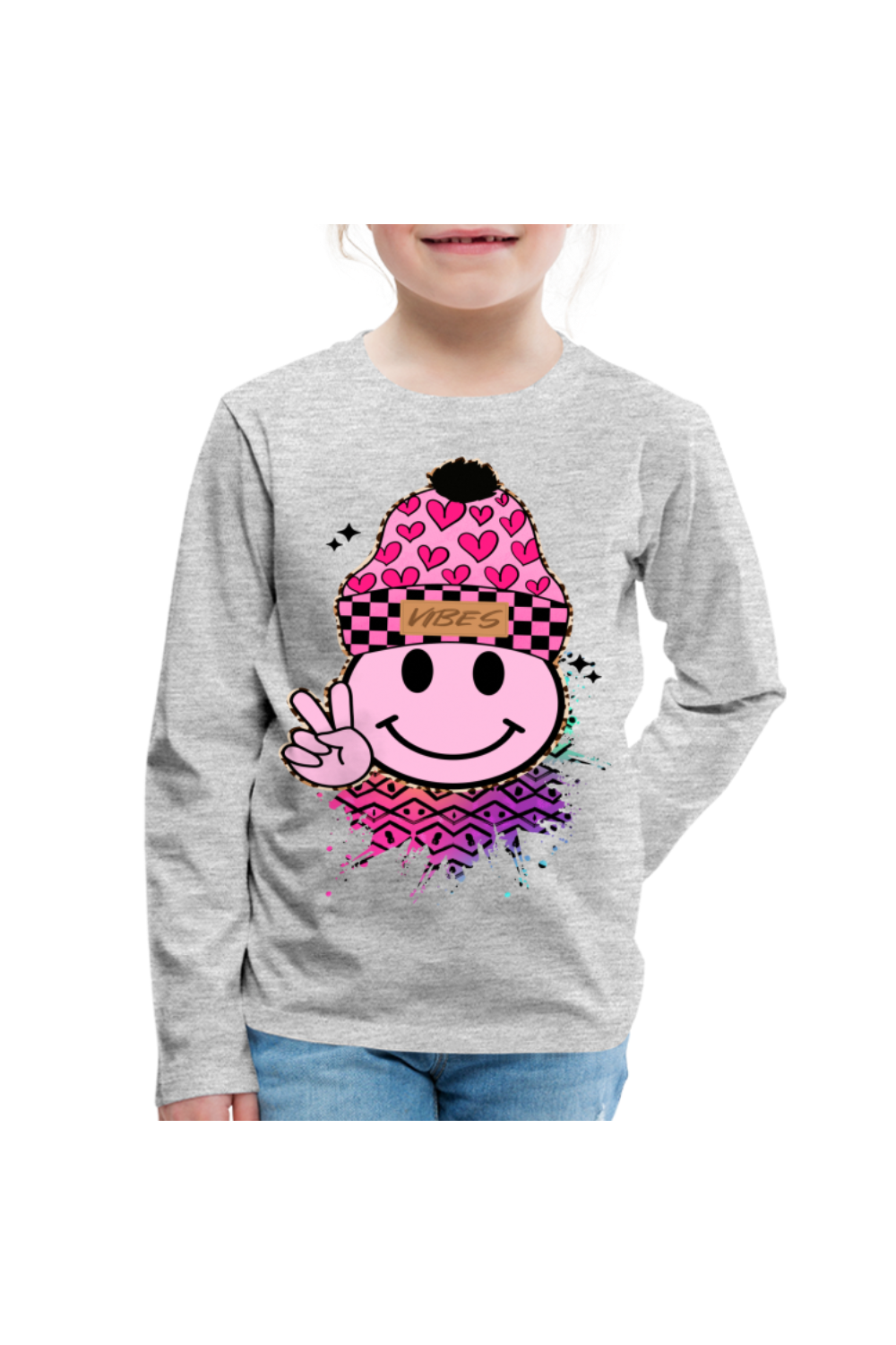 Girls Love Vibes Smiley Face Long Sleeve T-Shirt - heather gray - NicholesGifts.online