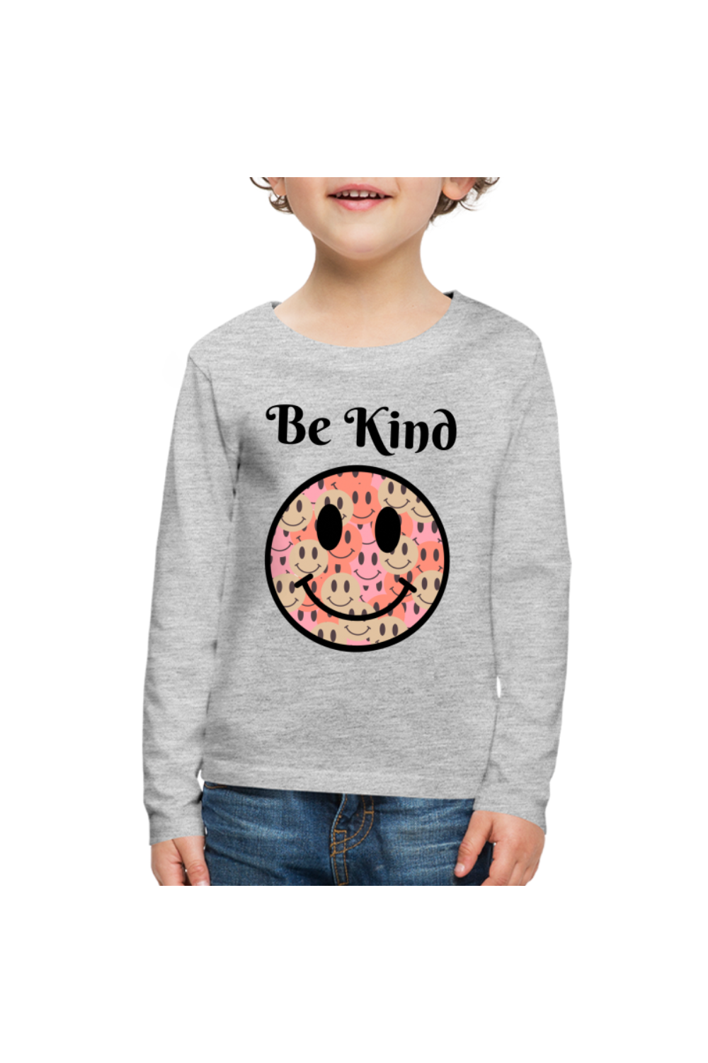 Girls Black Words Be Kind Smiley Face Long Sleeve T-Shirt - heather gray - NicholesGifts.online