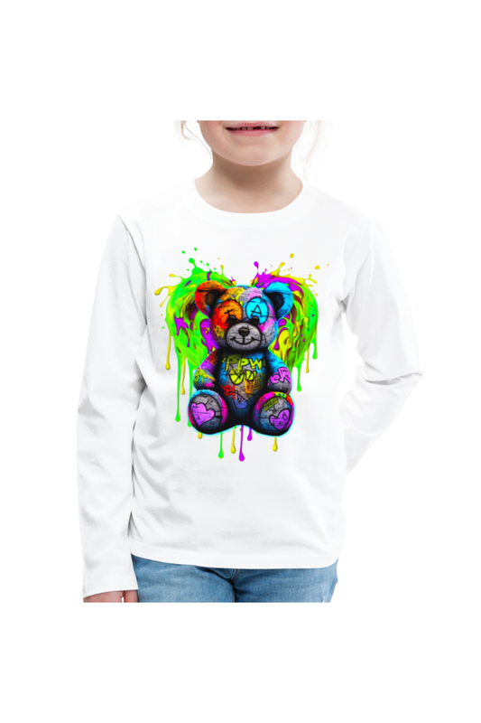 Girls Colorful Green and Purple Teddy Bear Long Sleeve T-Shirt - white - NicholesGifts.online