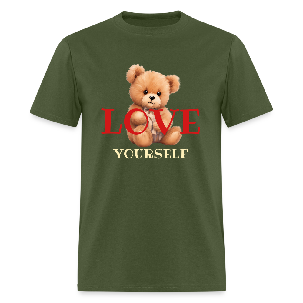 Women Teddy Bear Love Yourself Short Sleeve T-Shirt - military green - Nicholesgifts.online