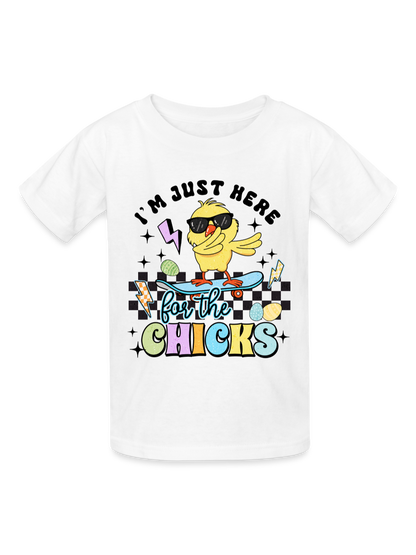 White cotton Boys I'm just here for the Chicks Easter T-Shirt with colorful cartoon chick on skateboard and bold lettering design.