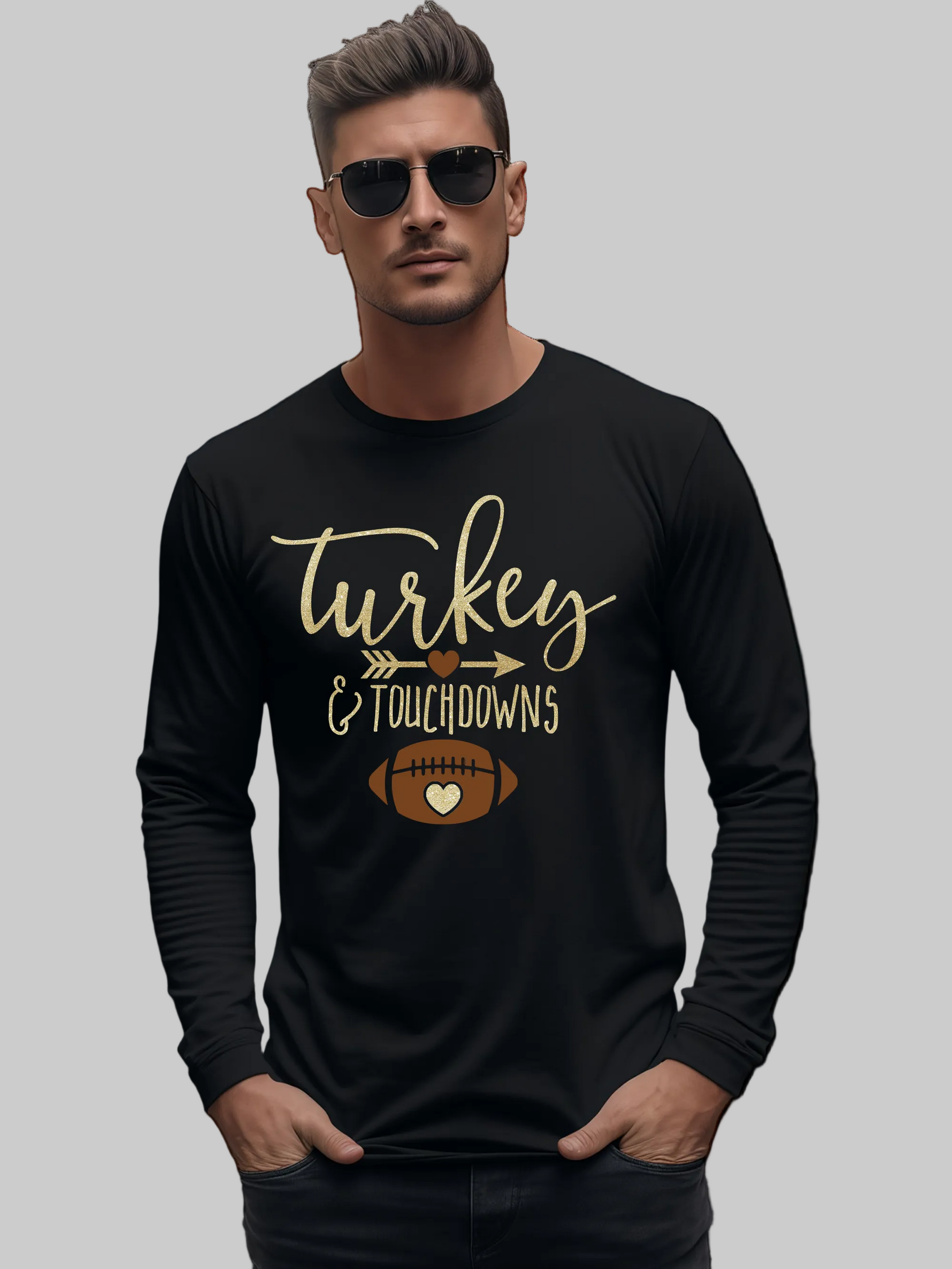 A man wearing a black long-sleeve t-shirt with a 'Turkey & Touchdowns' football graphic, styled with sunglasses, against a plain white background.