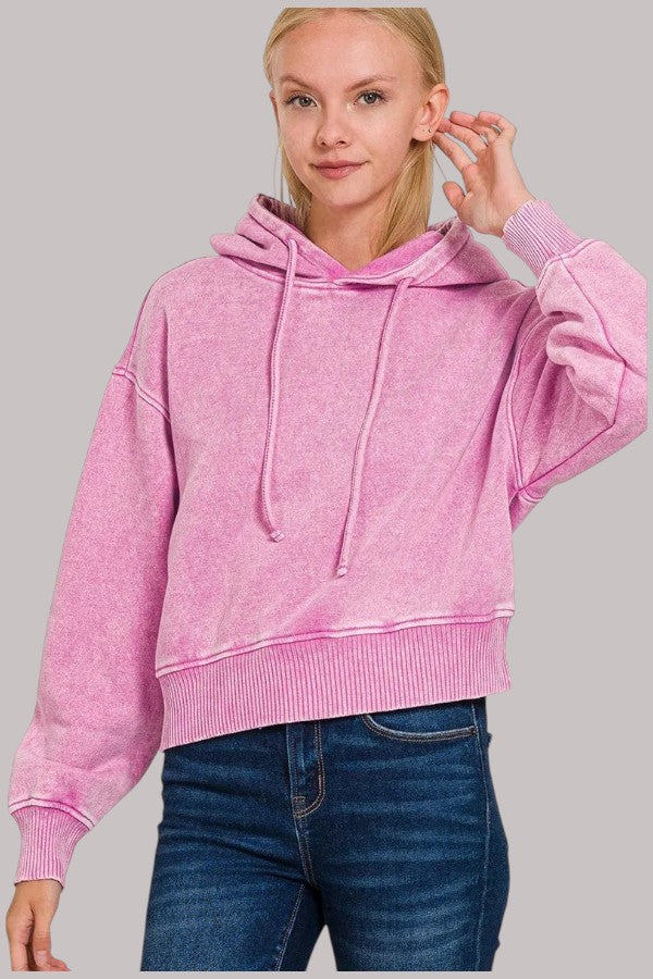 Women Zenana Acid Wash Fleece Drawstring Cropped Hoodie