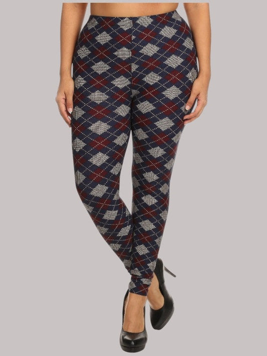 Plus Size Women Plaid Graphic Printed Knit Legging With Elastic Waist Detail NicholesGifts
