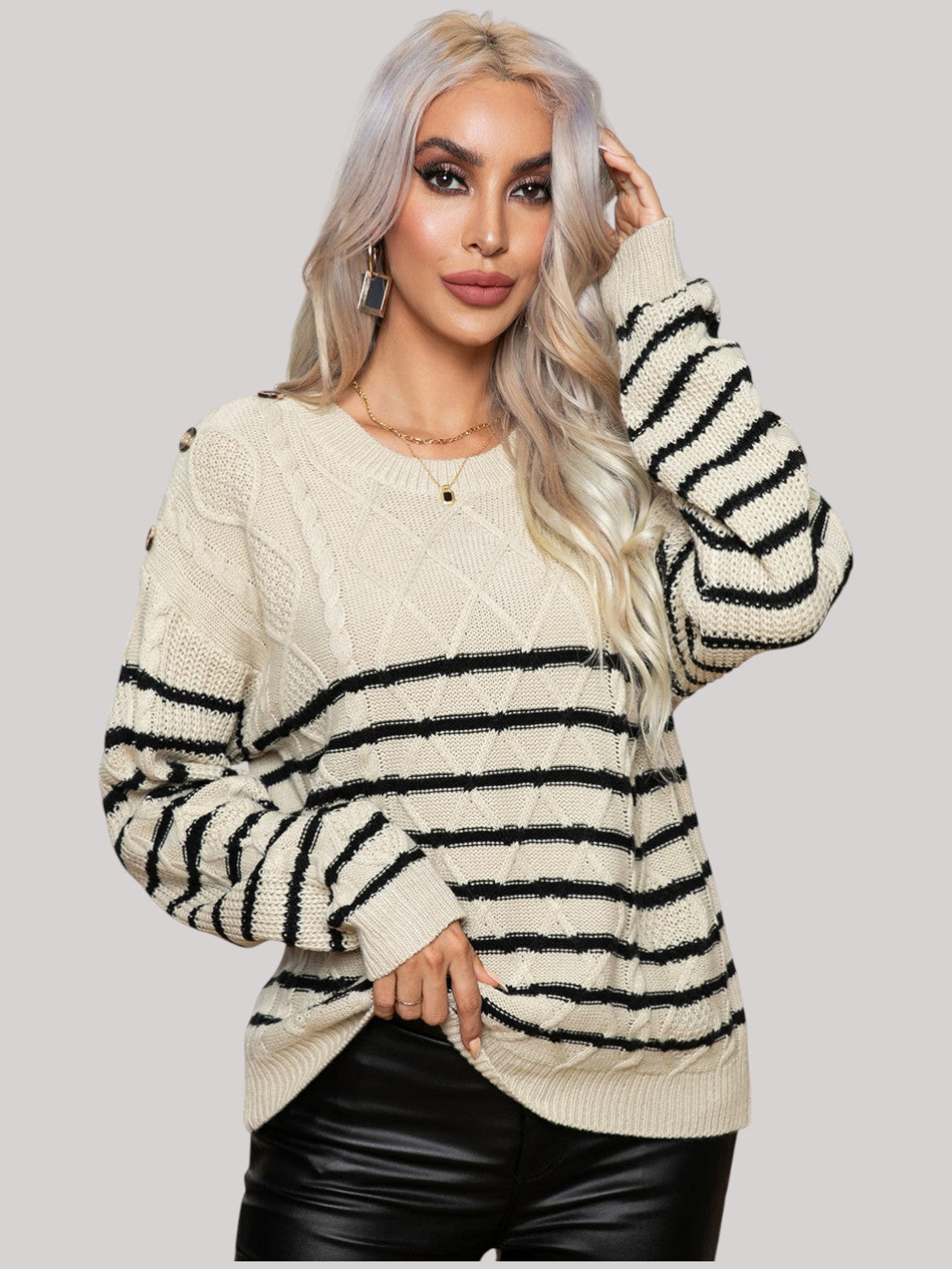 Women Striped Round Neck Cable-Knit Sweater NicholesGifts