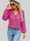 Women openwork V-Neck cardigan in bright pink with button-up front, open-knit pattern, and long puff sleeves.