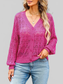 Women openwork V-Neck cardigan in vibrant pink with delicate open-knit pattern, button-up front, and ribbed cuffs and hem.