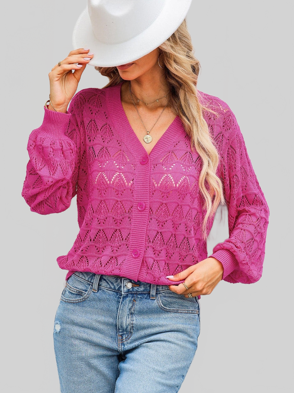 Women openwork V-Neck cardigan in vibrant purple with delicate open-knit pattern, button-up front, and long sleeves.