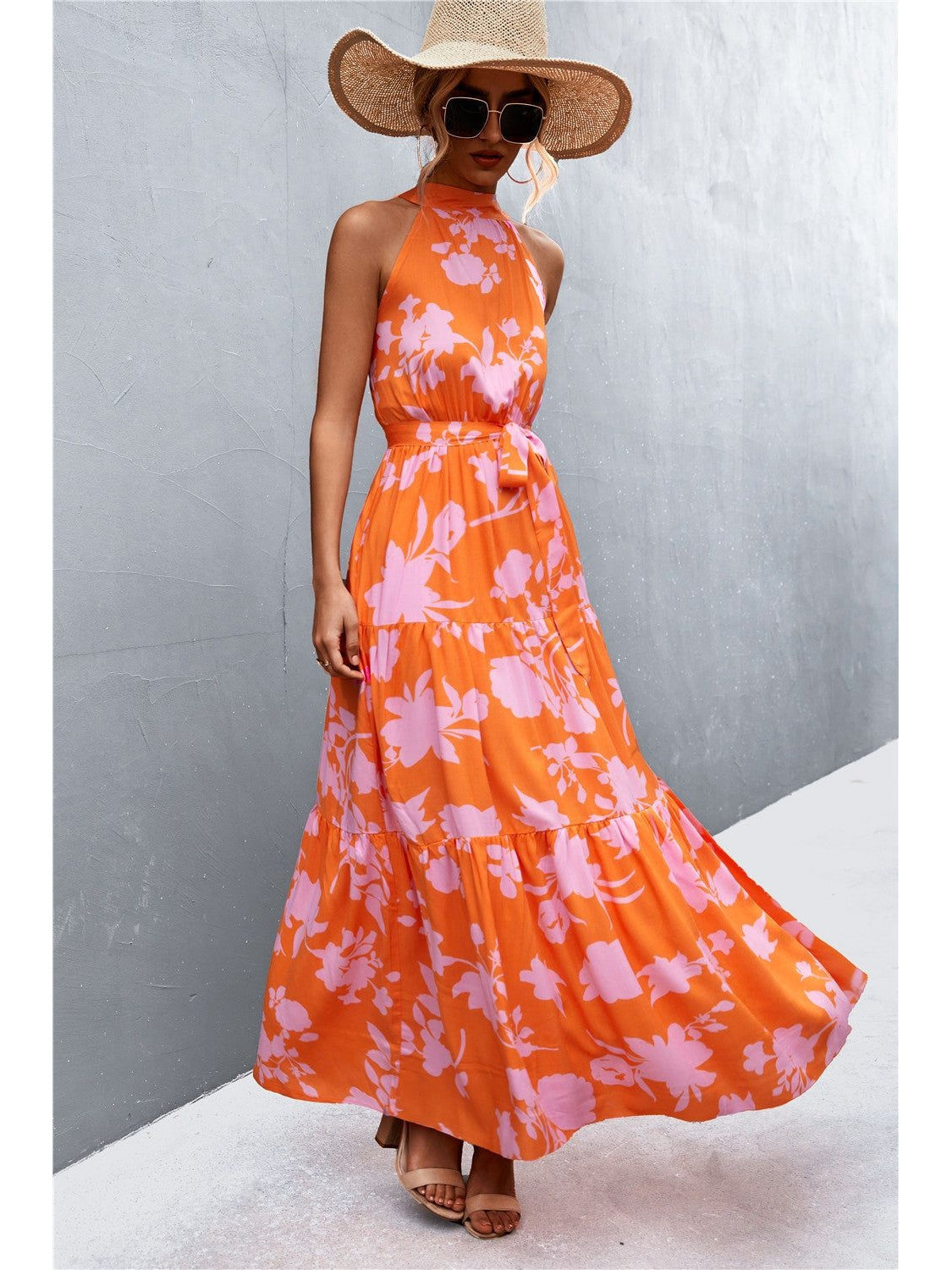 Women Printed Sleeveless Tie Waist Maxi Dress nicholesgifts