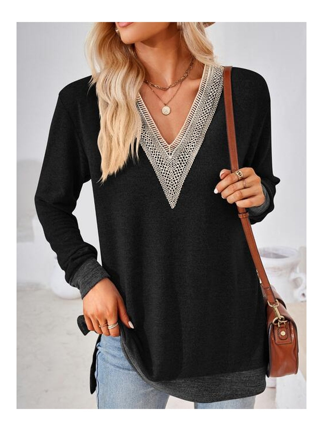 Women Crochet Contrast V-Neck Long Sleeve Slit T-Shirt nicholesgifts