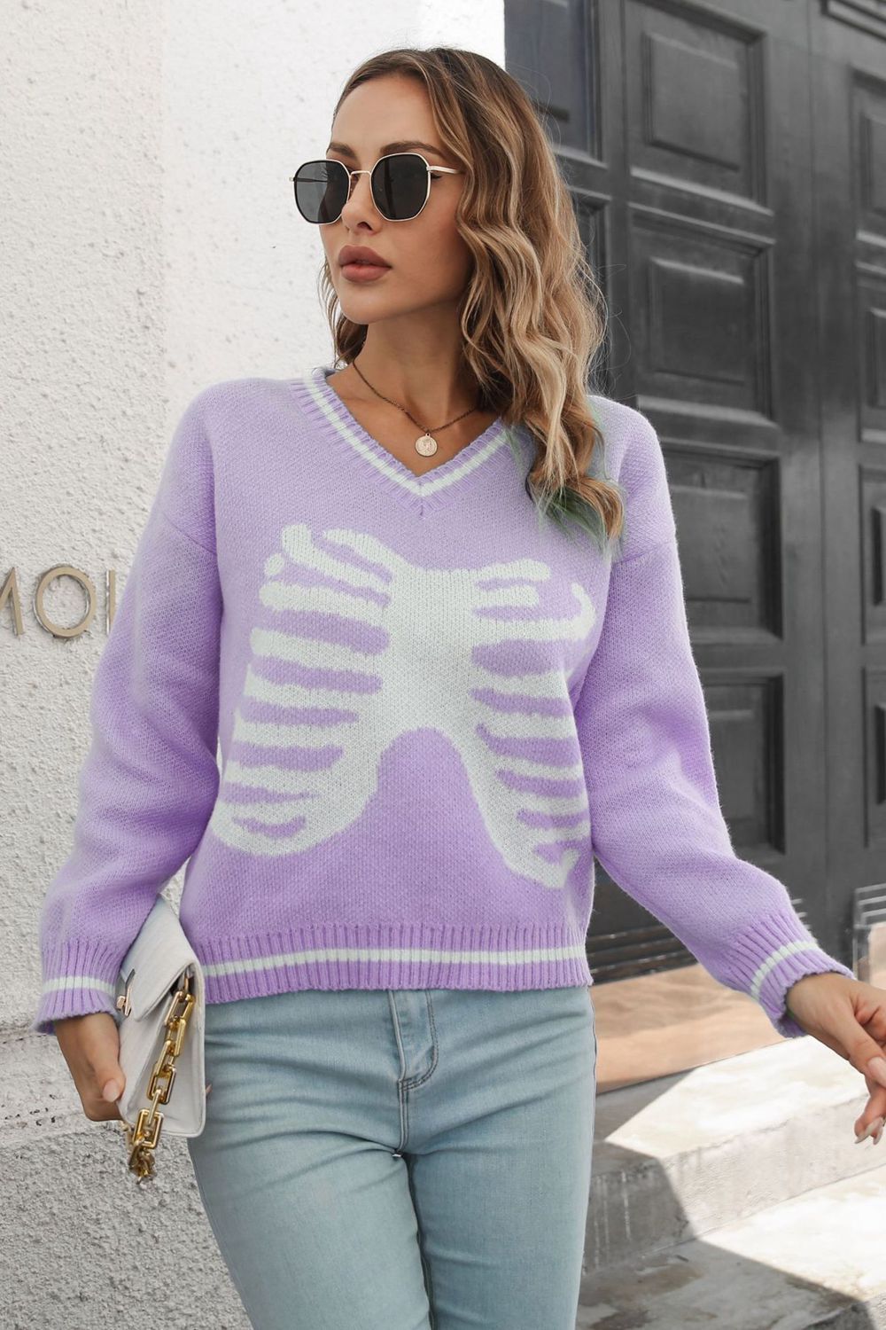 Women Skeleton Pattern V-Neck Long Sleeve Pullover Sweater