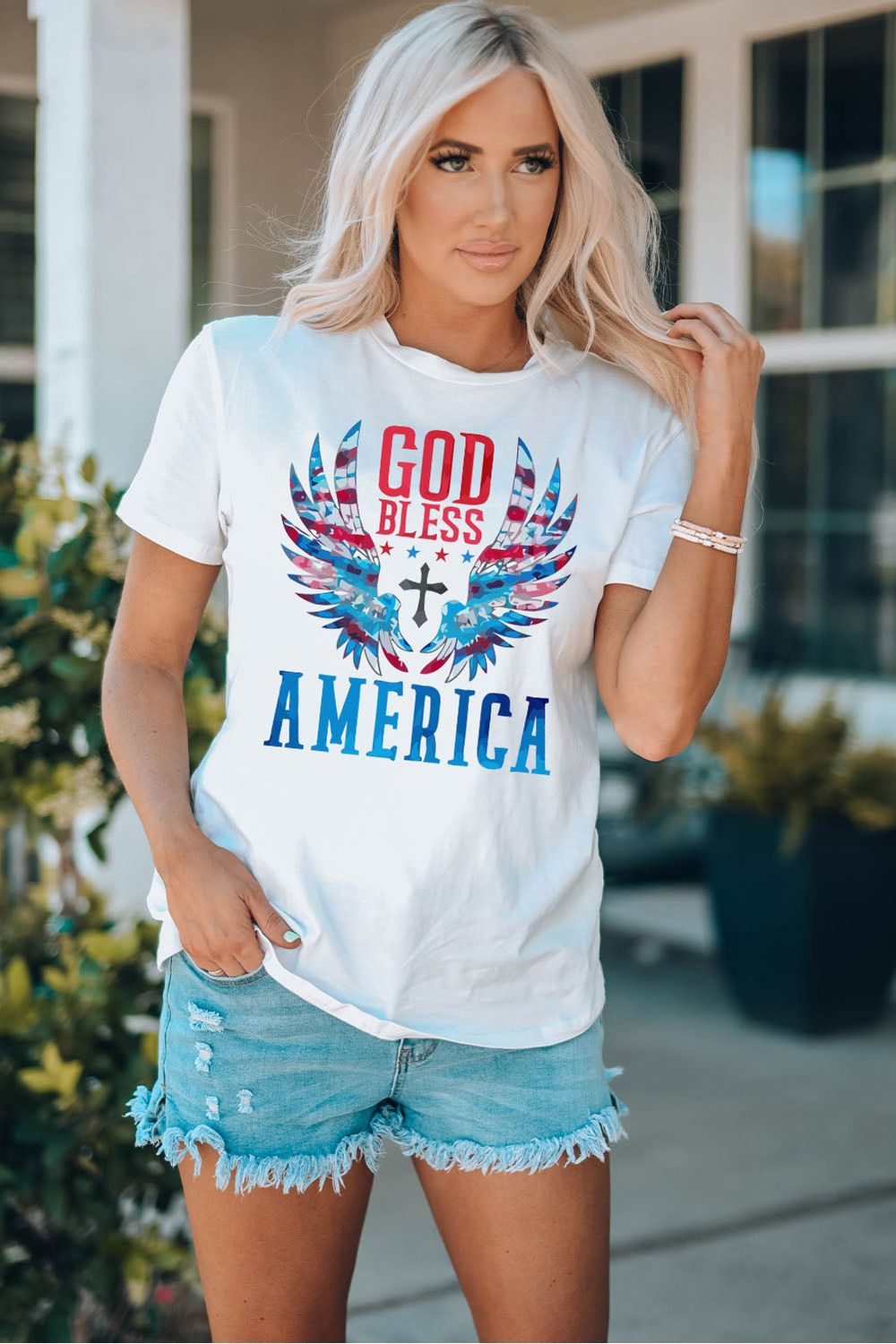 Women GOD BLESS AMERICA Cuffed Tee Shirt nicholesgifts