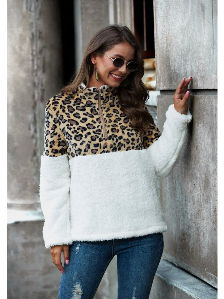 Women White Leopard Color Block Half-Zip Collar Teddy Long Sleeve Sweatshirt nicholesgifts