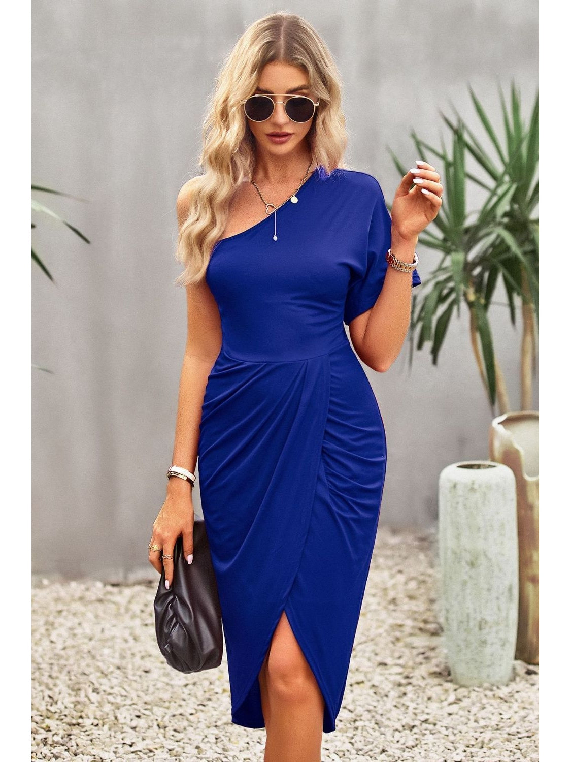 Women Ruched One-Shoulder Tulip Hem Dress nicholesgifts