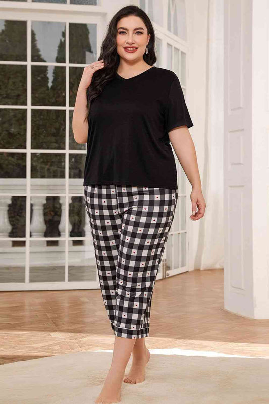 Plus Size Women V-Neck Tee and Plaid Cropped Pants Lounge Set