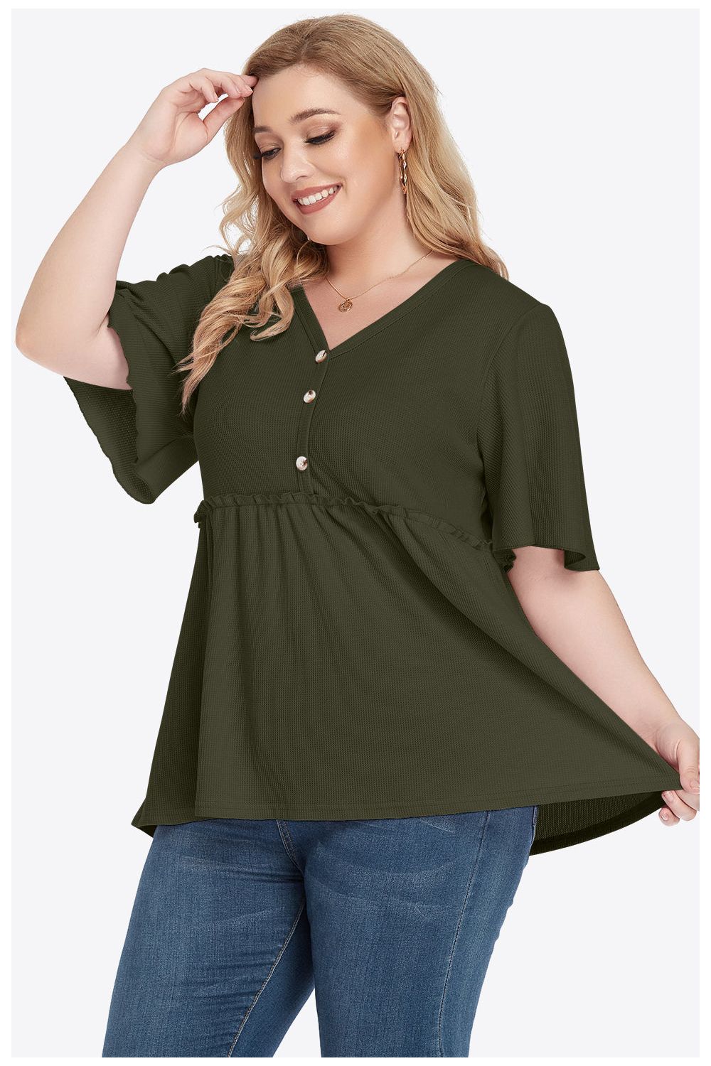 Plus Size Women Buttoned V-Neck Frill Trim Babydoll Blouse nicholesgifts