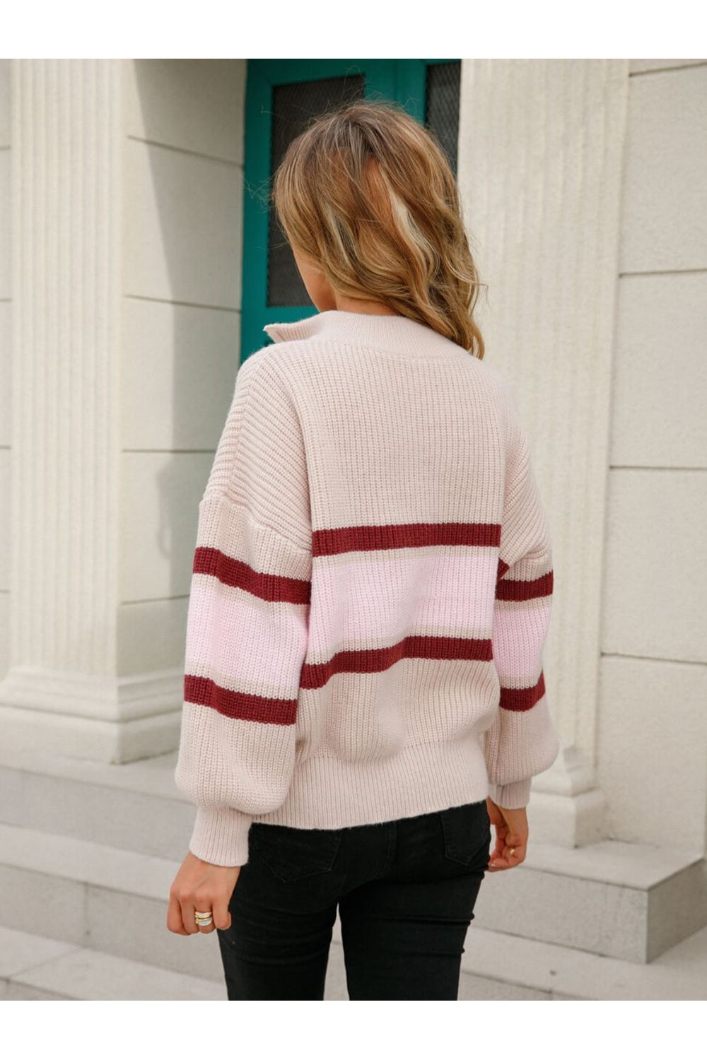 Women Pullover Striped Quarter-Zip Lantern Long Sleeve Sweater