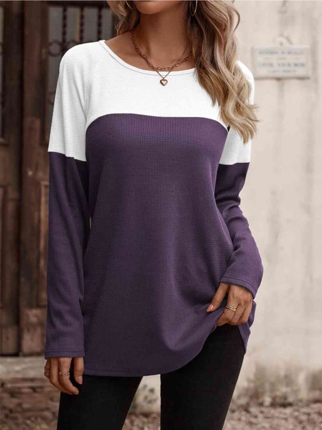 Women Contrast Round Neck Long Sleeve T-Shirt nicholesgifts