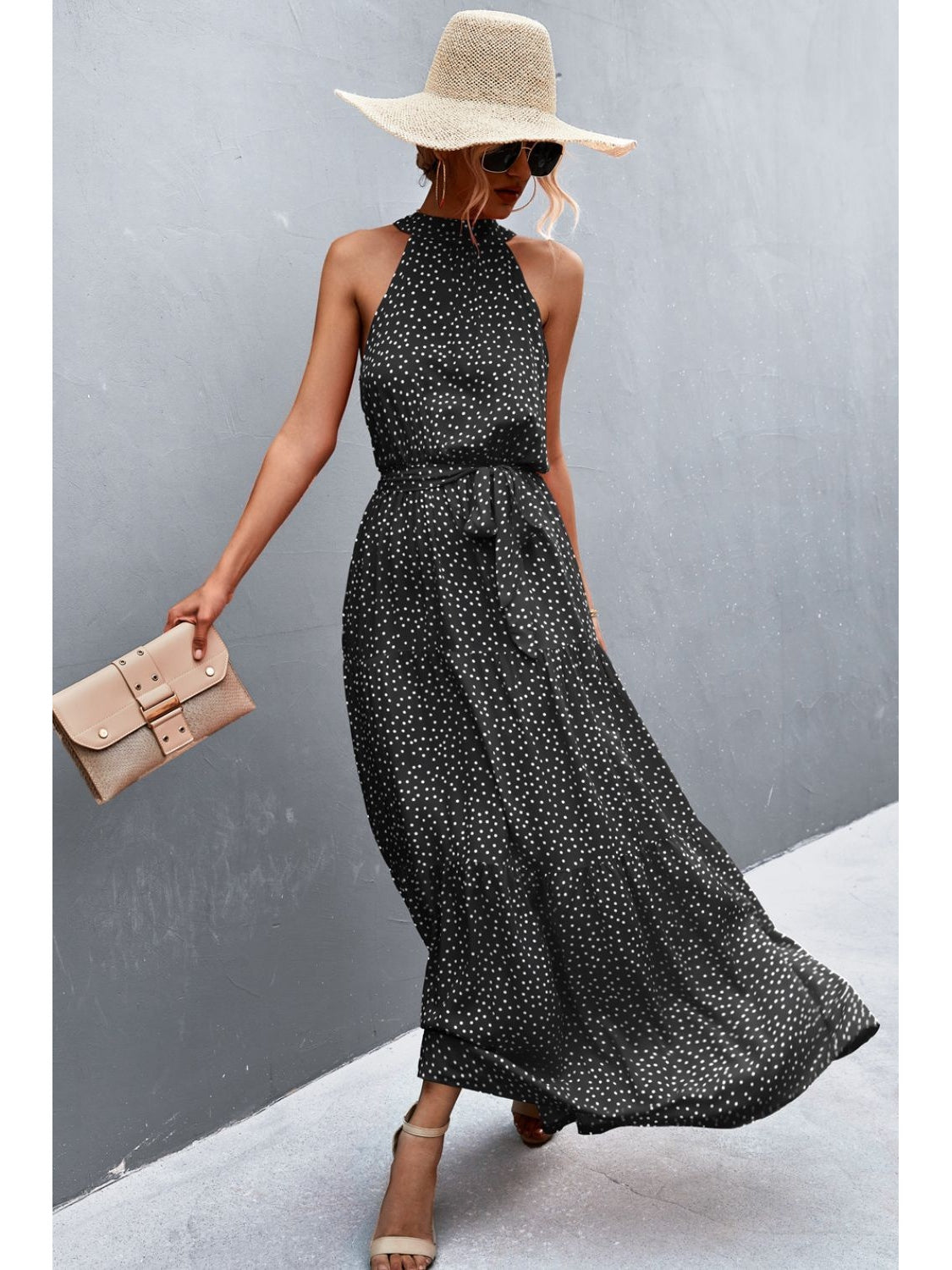 Women Printed Sleeveless Tie Waist Maxi Dress nicholesgifts