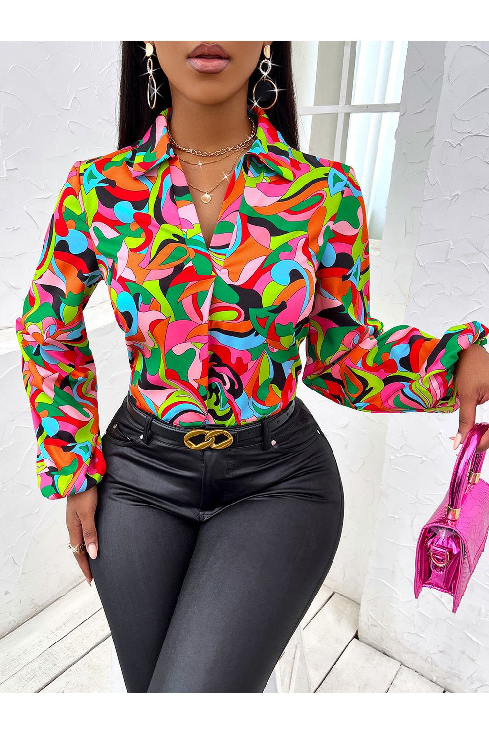 Women Multicolor Printed V-Neck Long Sleeve Shirt - NicholesGifts.online