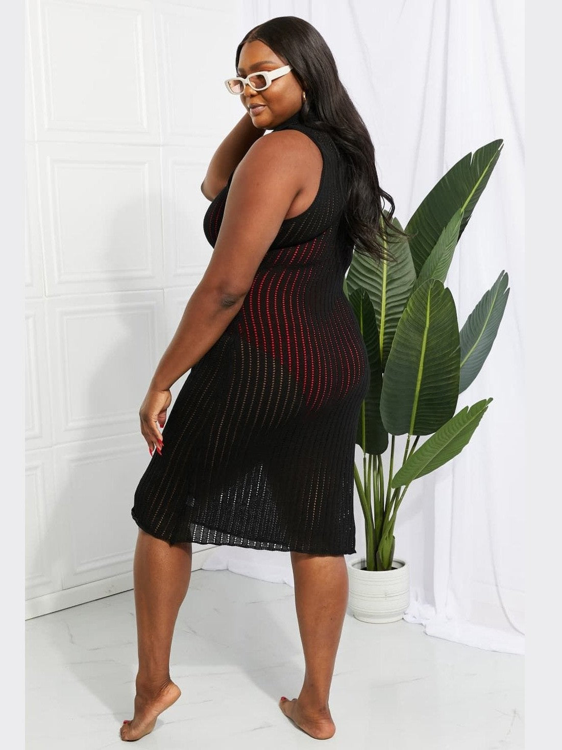 Women Openwork Johnny Collar Cover Up Dress nicholesgifts
