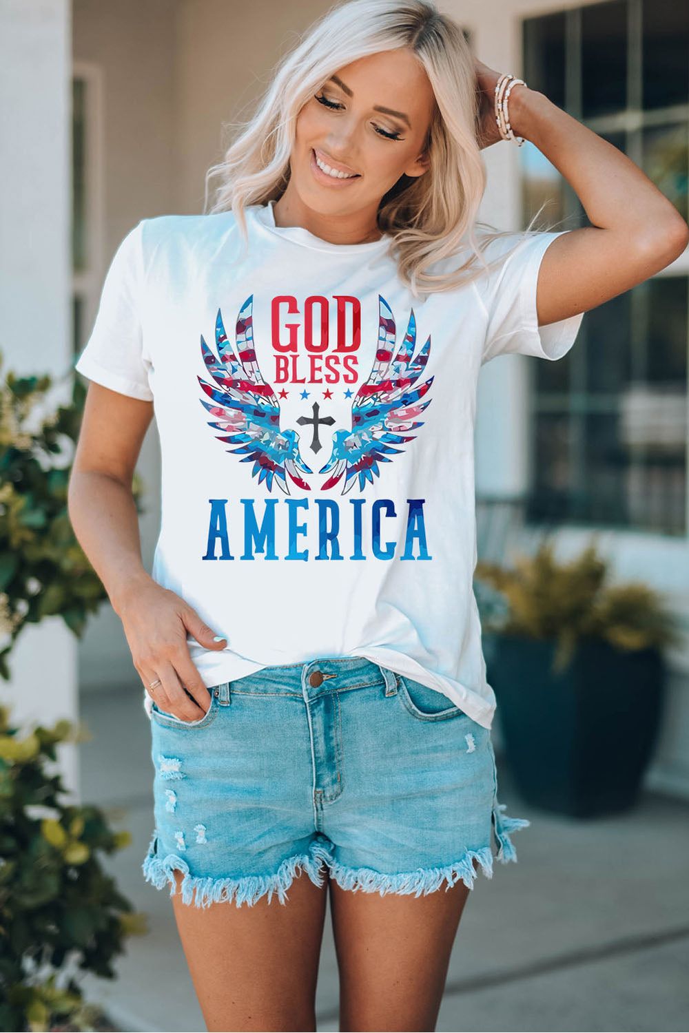 Women GOD BLESS AMERICA Cuffed Tee Shirt nicholesgifts