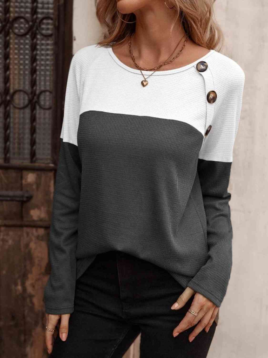 Women Contrast Round Neck Long Sleeve T-Shirt nicholesgifts