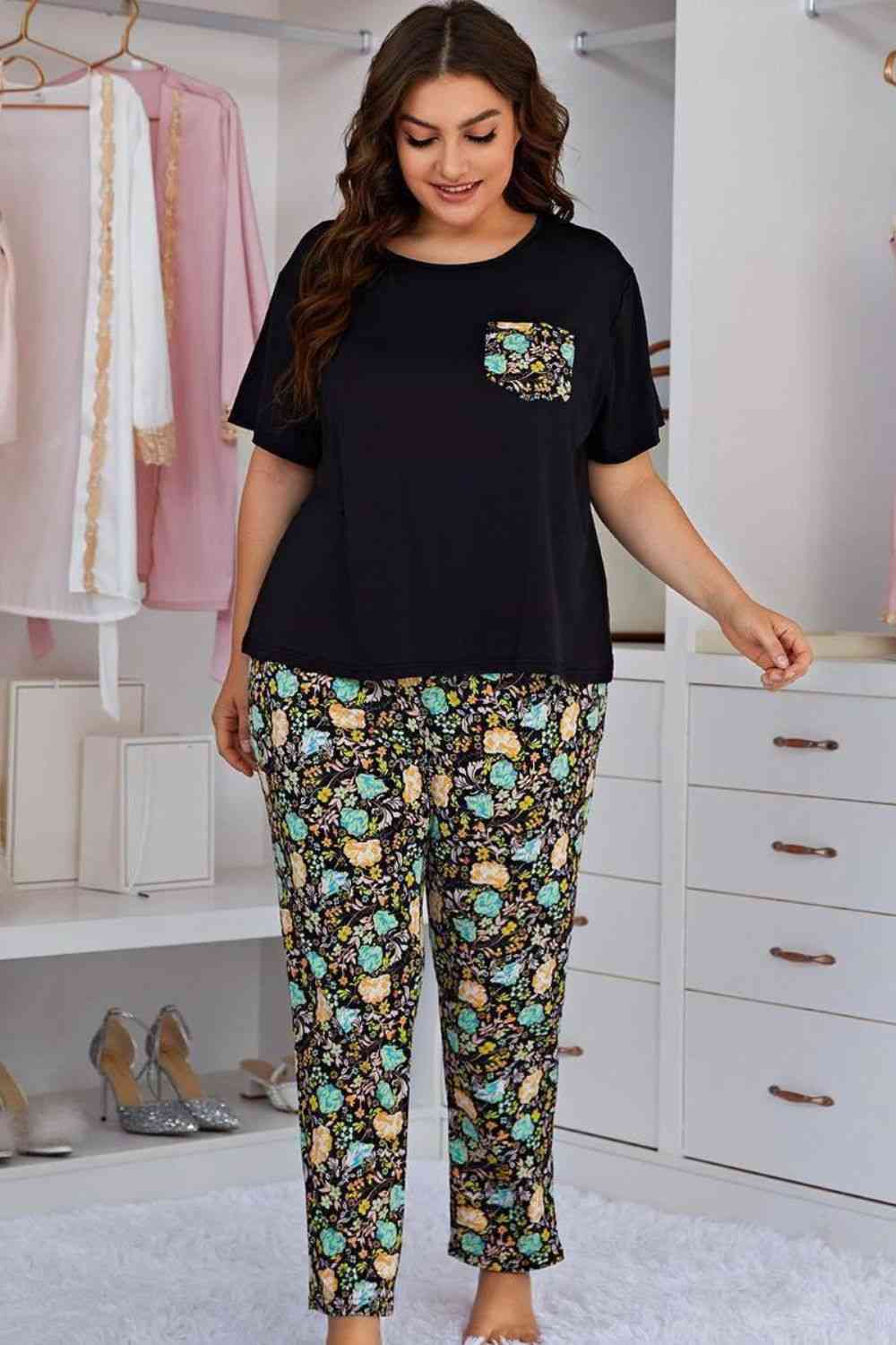 Plus Size Women Contrast Round Neck Tee and Floral Pants Lounge Set nicholesgifts