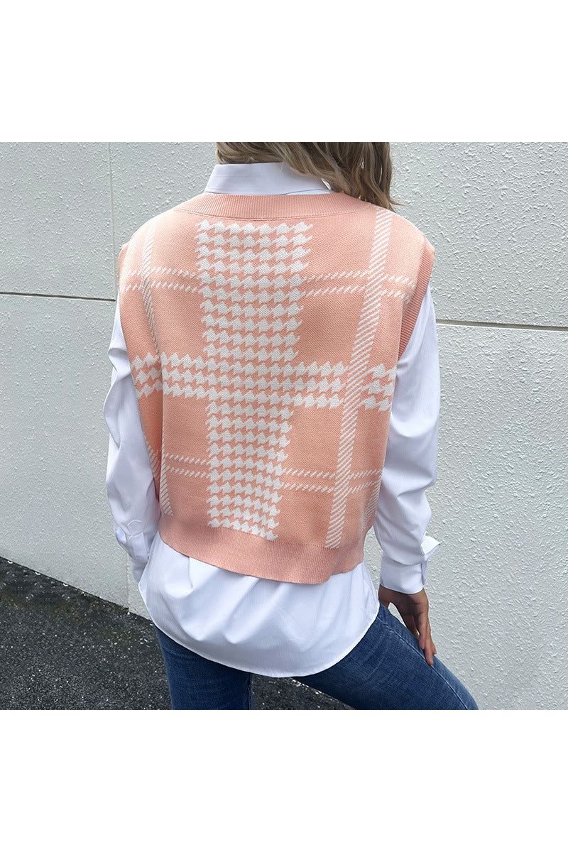Women Houndstooth V-Neck Sweater Vest