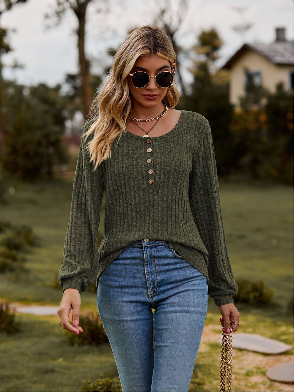 Women Round Neck Button-Down Long Sleeve Tee nicholesgifts