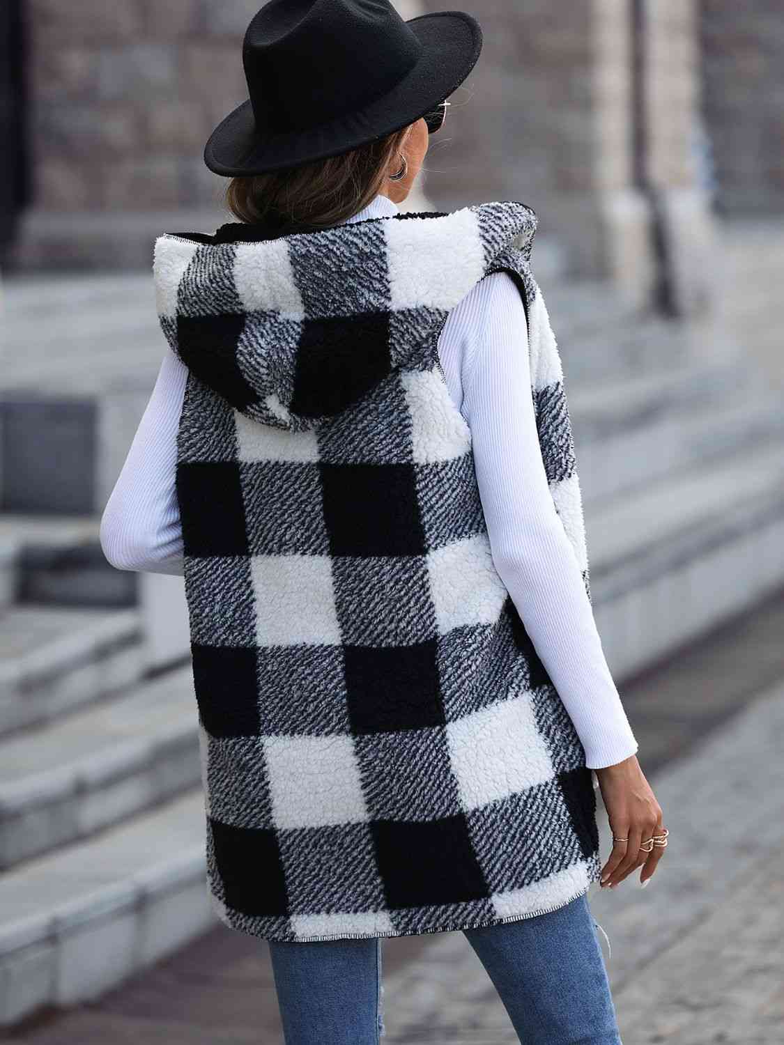Women Plaid Hooded Vest with Pockets