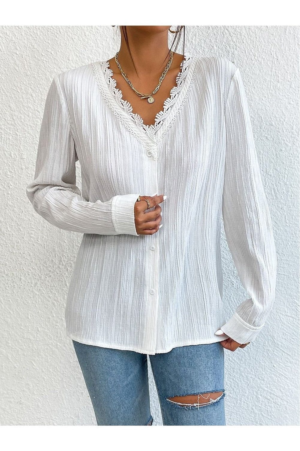 Women Lace Trim V-Neck Long Sleeve Shirt nicholesgifts