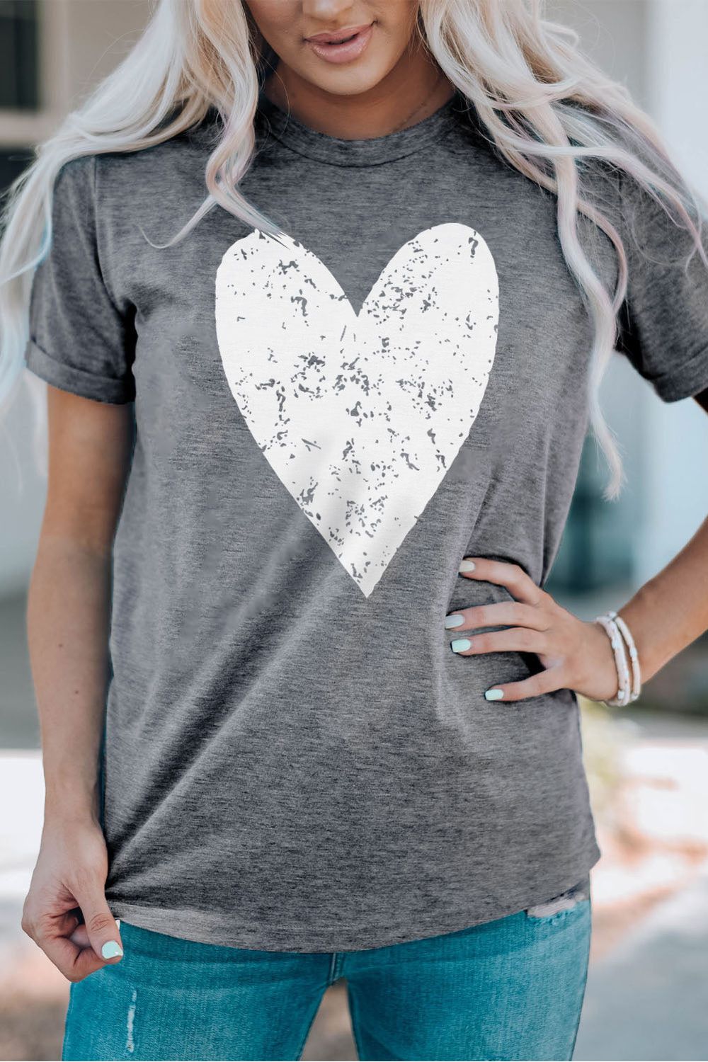 Women Heart Graphic Cuffed Short Sleeve Tee Shirt - NicholesGifts.online